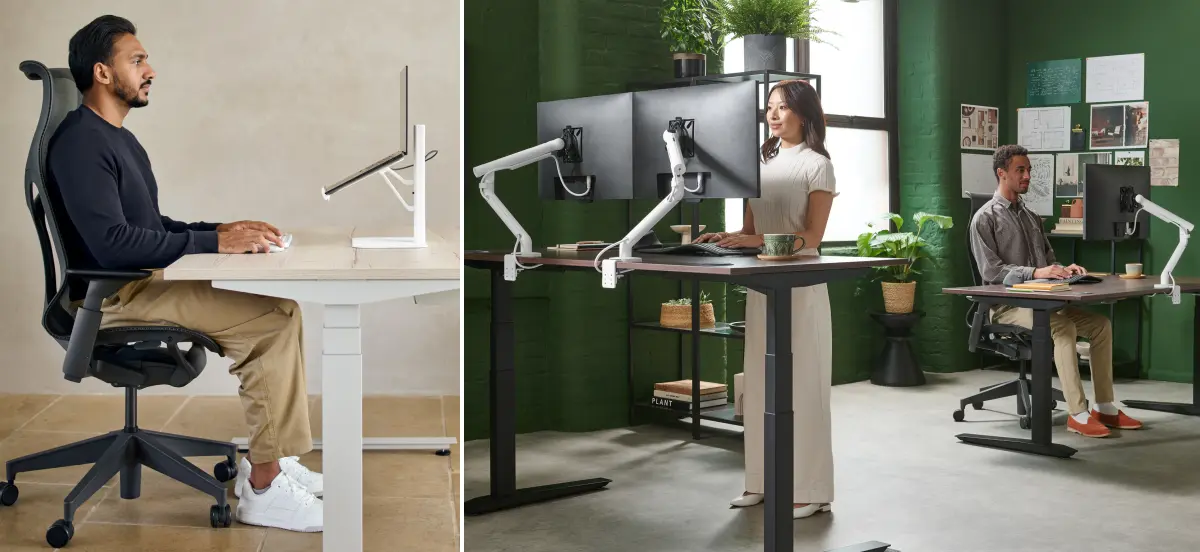 Ergonomiczne stanowiska pracy z regulowanymi ramionami do monitorów Flo i Lana CBS i możliwością pracy siedzącej oraz stojącej.